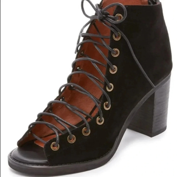 Jeffrey Campbell Cors Peep Toe Suede sz 8.5 black laces open front 3” heel NWOT - Picture 3 of 13